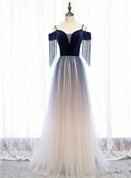 Picture of Pretty Blue Gradient Tulle Long Party Dress,A-line Off Shoulder Formal Dress